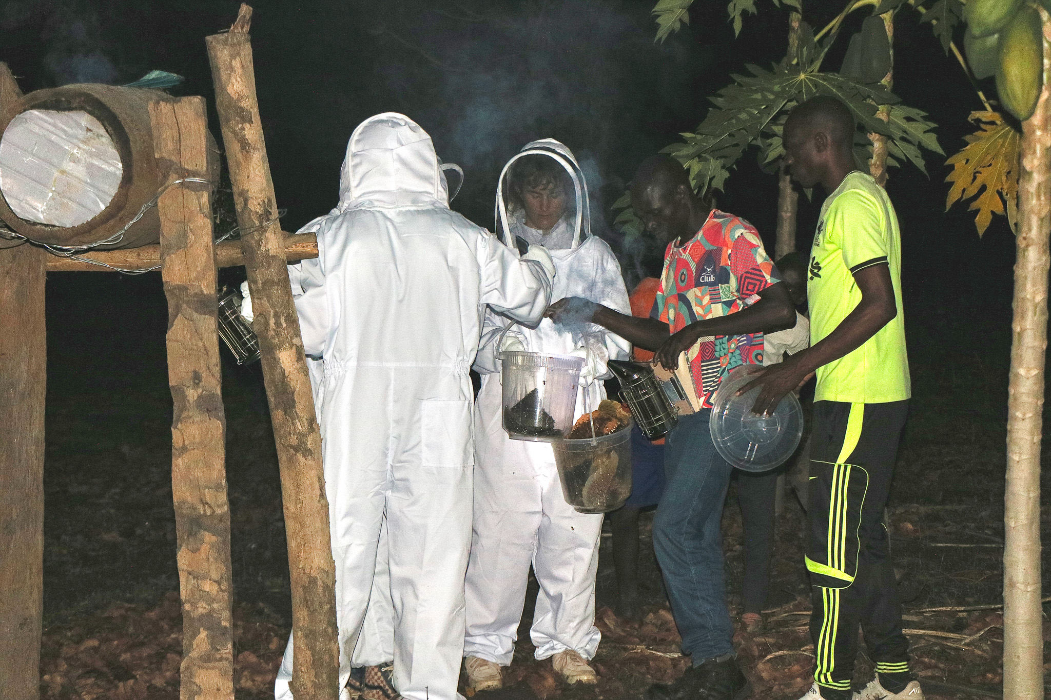 Beekeepers in protective suits and two men inspect a beehive at night, surrounded by trees and smoke.