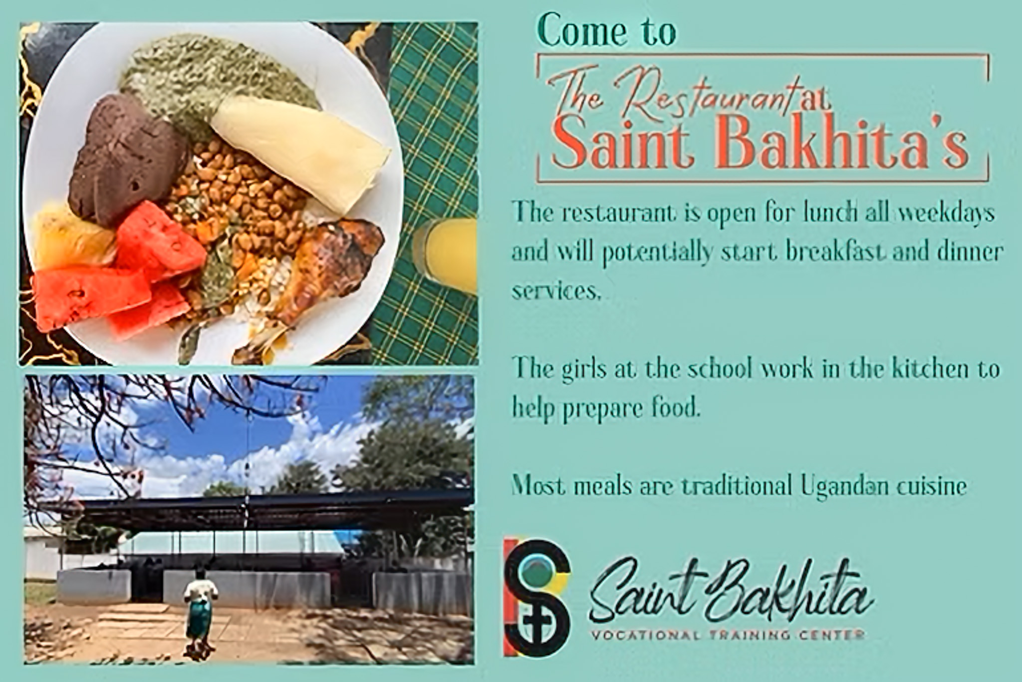 Plate of Ugandan food with text about Saint Bakhita's restaurant offering lunch on weekdays, potentially expanding meal services, with school involvement.