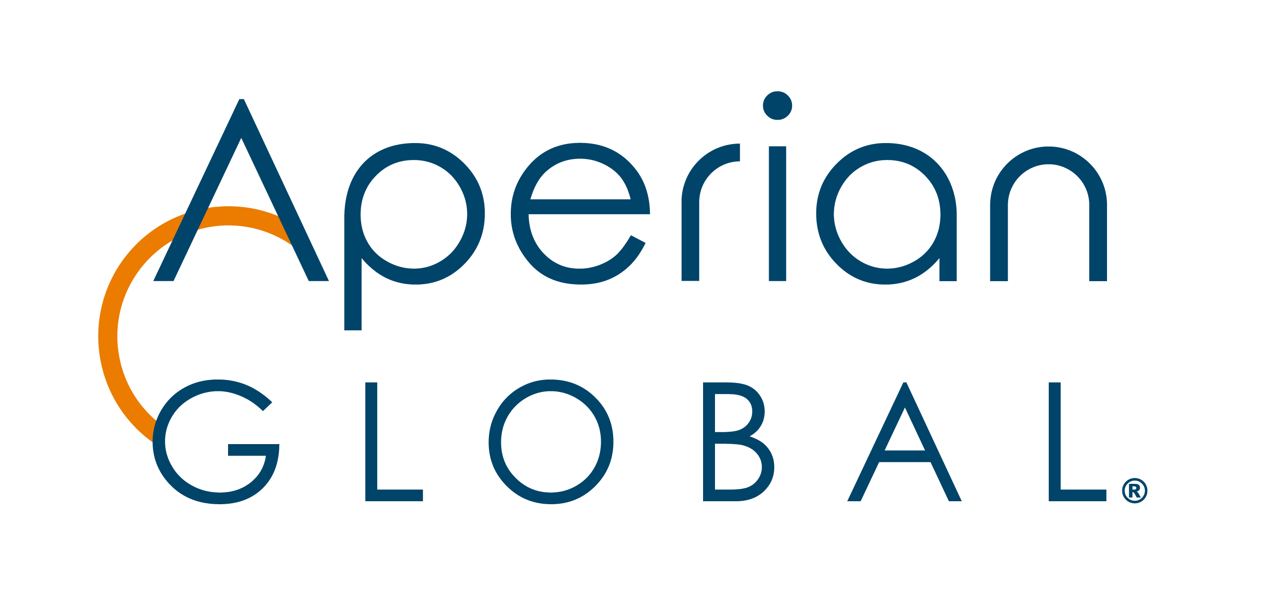 Aperian Global in navy lettering and stacked vertically with an orange semicircle connecting the words