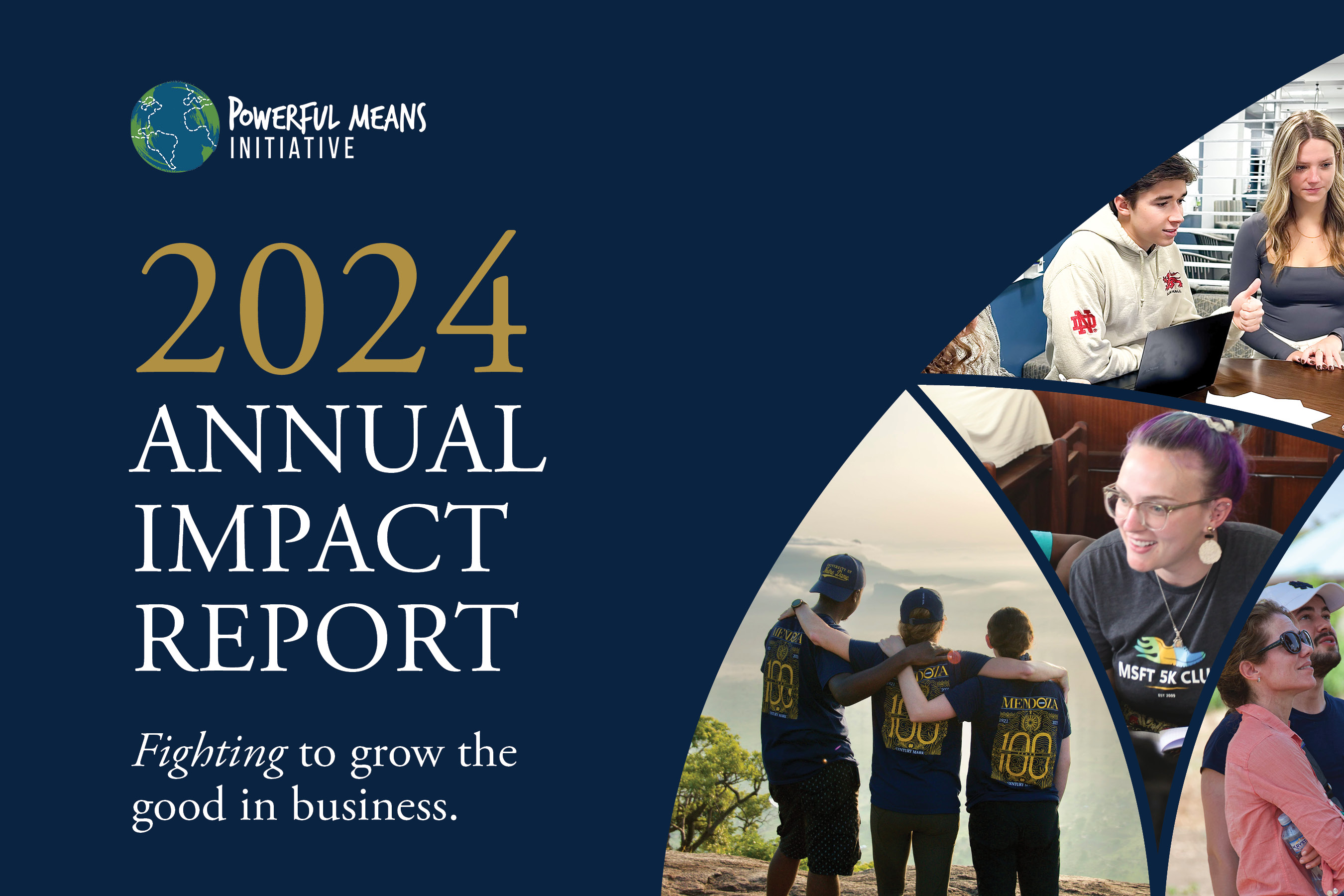 Cover of the 2024 Annual Impact Report with images of people collaborating and hiking, featuring the slogan "Fighting to grow the good in business."