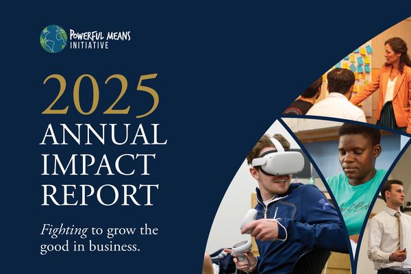 Cover of the 2025 Annual Impact Report by Powerful Means Initiative, featuring people collaborating and using VR technology.