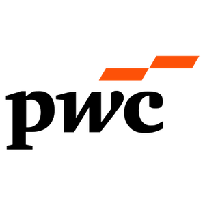PwC logo featuring bold black lowercase letters "pwc" with two orange parallelograms above the "c".
