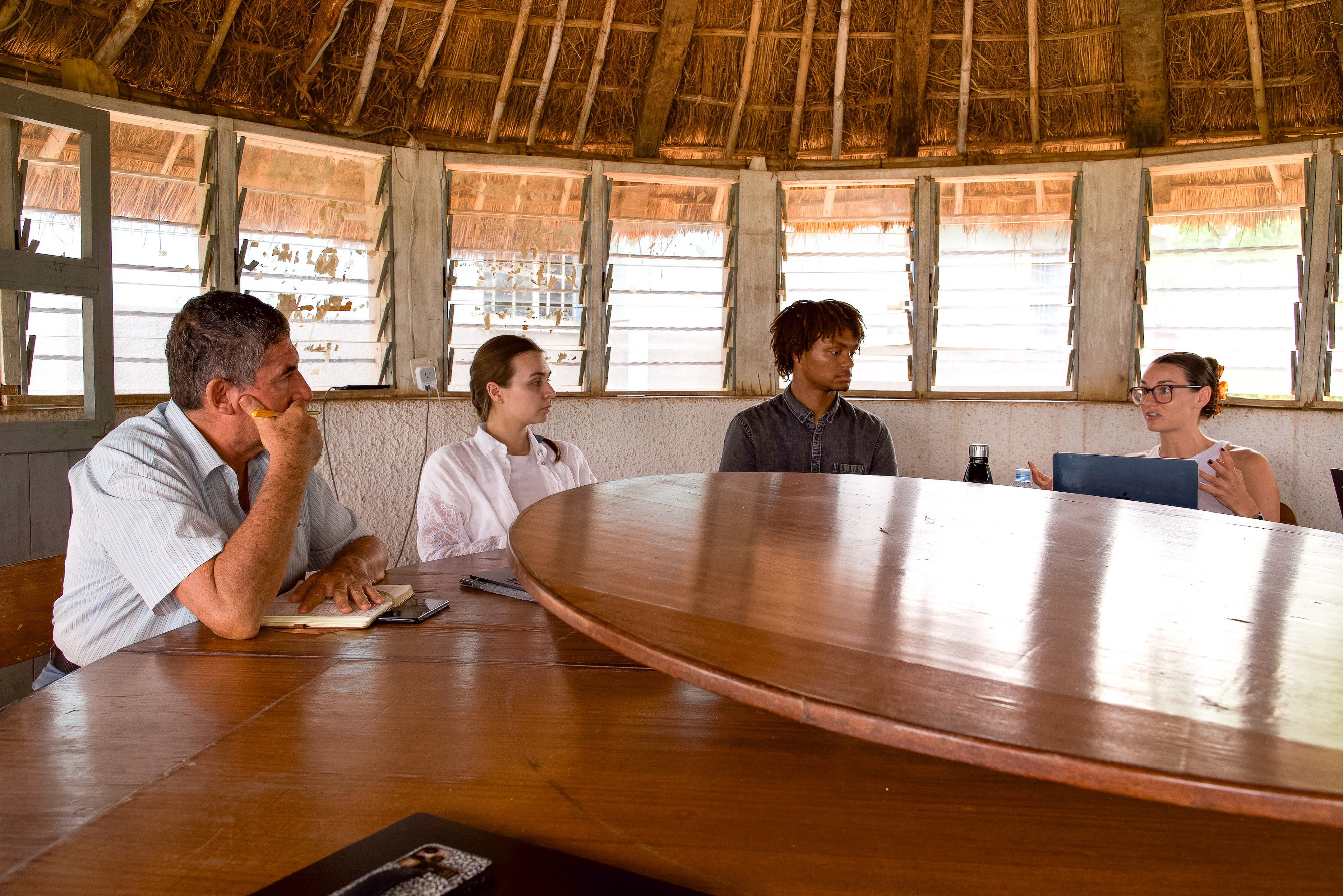 Four people engaged in a discussion around a large, round wooden table in a room with a thatched ceiling and windows.