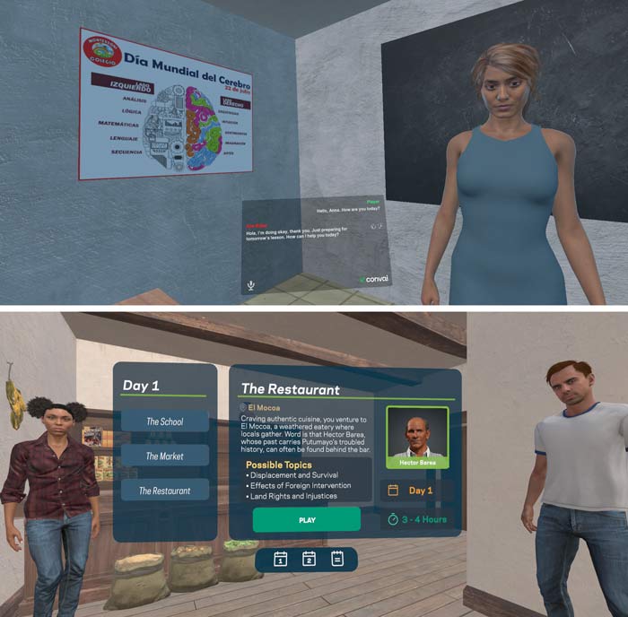 Two images from a VR experience program: Top shows a woman by a "Día Mundial del Cerebro" poster. Bottom shows a virtual game menu with three people and options for topics.