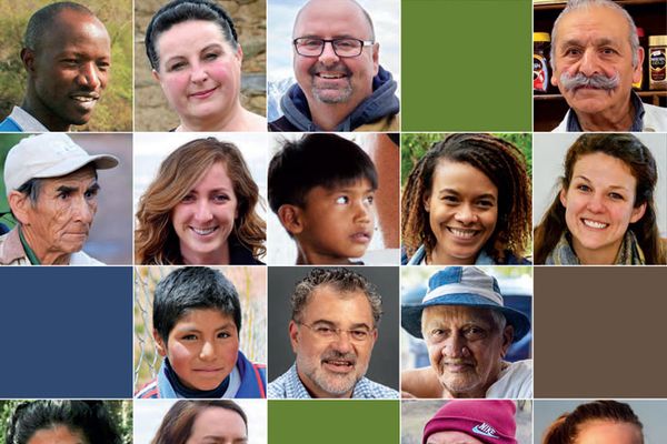 A collage of diverse people smiling, arranged in a grid with colorful background squares in shades of brown, green, and blue.