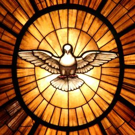 Stained glass image of a dove.