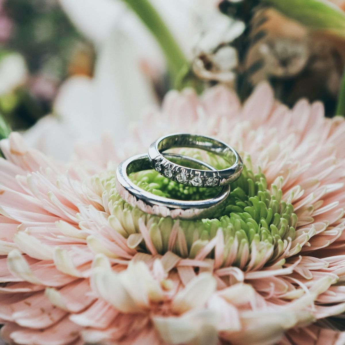 Wedding bands lying in the center of a large flower.