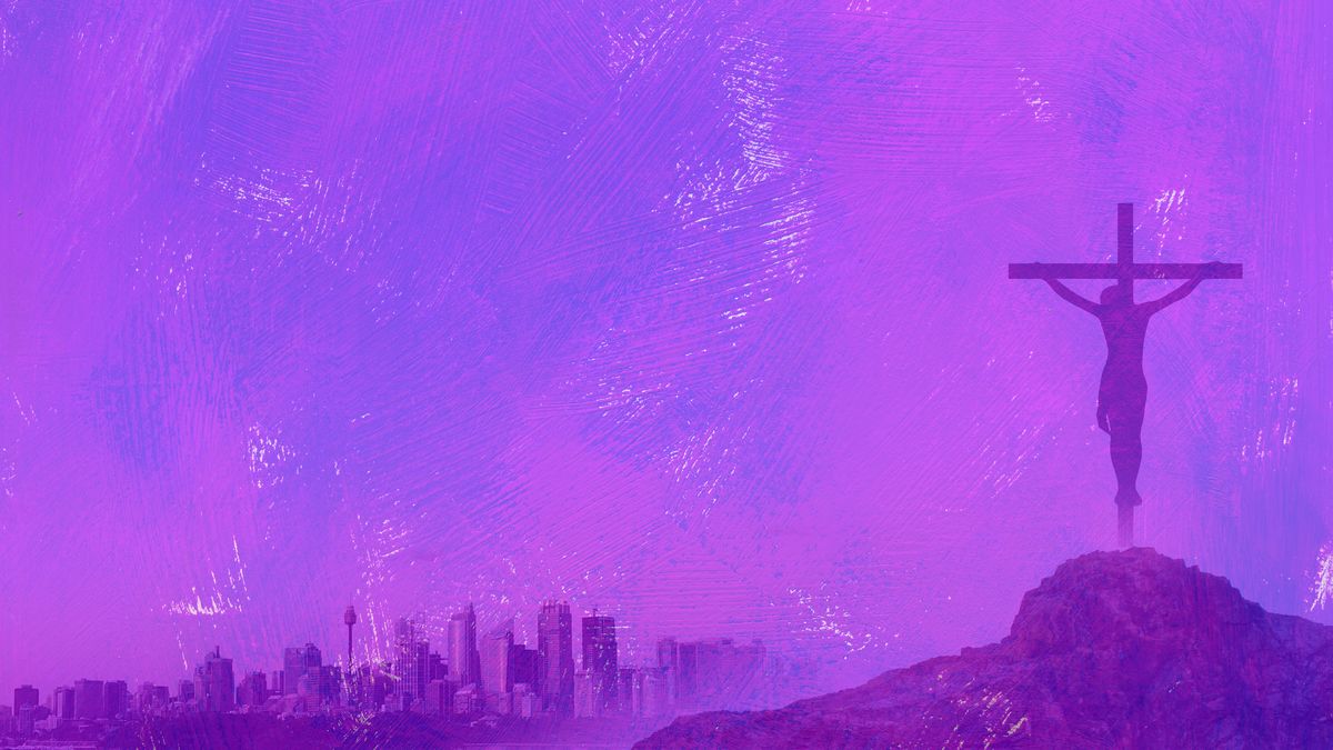 Textured purple background with a distant city skyline at left and a silhouetted crucifix with a figure on a hill to the right.