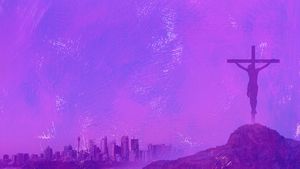 Textured purple background with a distant city skyline at left and a silhouetted crucifix with a figure on a hill to the right.