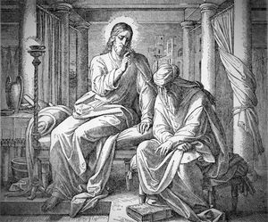 Image of Jesus speaking to Nicodemus, whose head is bent in shame