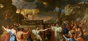 The Israelites dance around the golden calf, led by Aaron, brother of Moses.