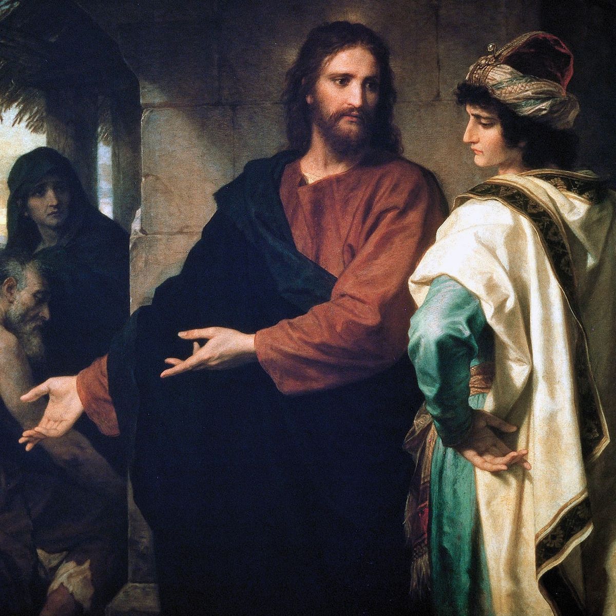 Painting of Jesus speaking to a richly dressed young man who does not meet his eye, with a disdainful or disappointed look upon his face.