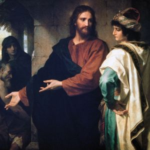 Painting of Jesus speaking to a richly dressed young man who does not meet his eye, with a disdainful or disappointed look upon his face.