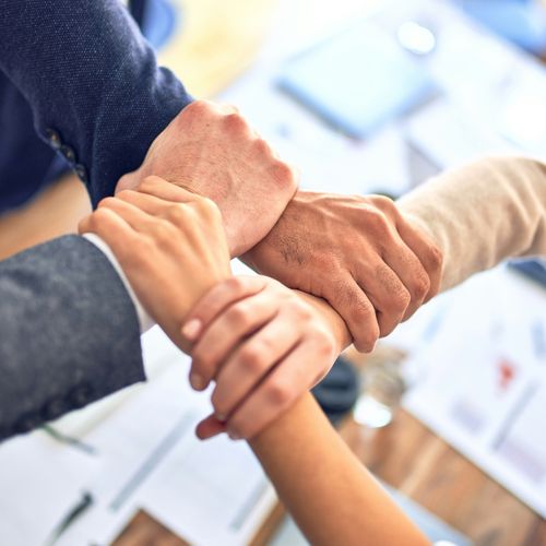 Four people hold each other's wrists in a square.