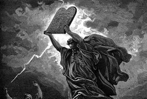 Engraving of Moses about to dash the tablets of the law to pieces