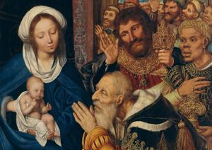 A group of men bearing gifts adore the infant Jesus, held by Mary.