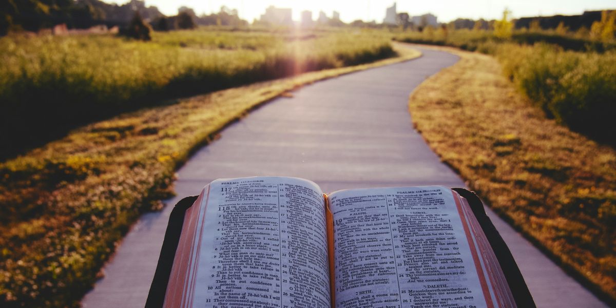 An open Bible in the foreground with a winding path in the background.