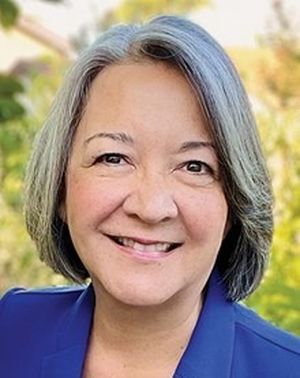 A headshot of a middle-aged white woman with medium length gray hair.