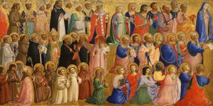A crowd of saints, led by Mary the Mother of Jesus, adoring Jesus.