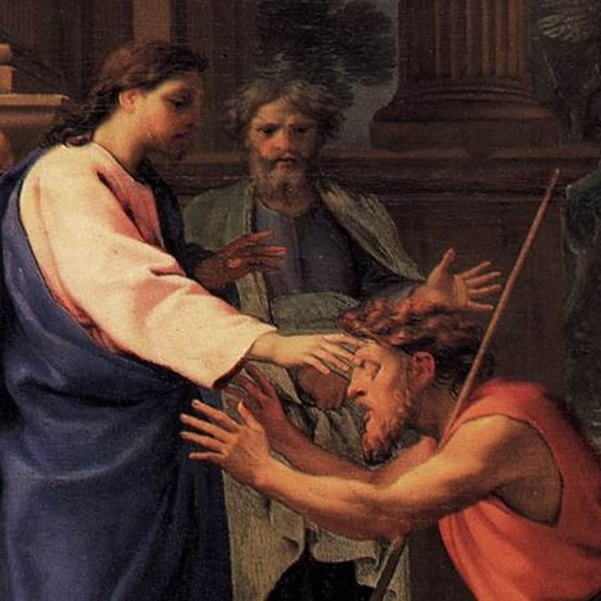 Depicts Jesus extending his arm to a man on his knees, reaching toward Jesus with his eyes closed.