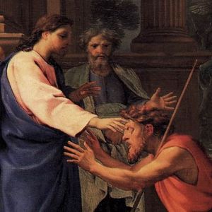 Depicts Jesus extending his arm to a man on his knees, reaching toward Jesus with his eyes closed.