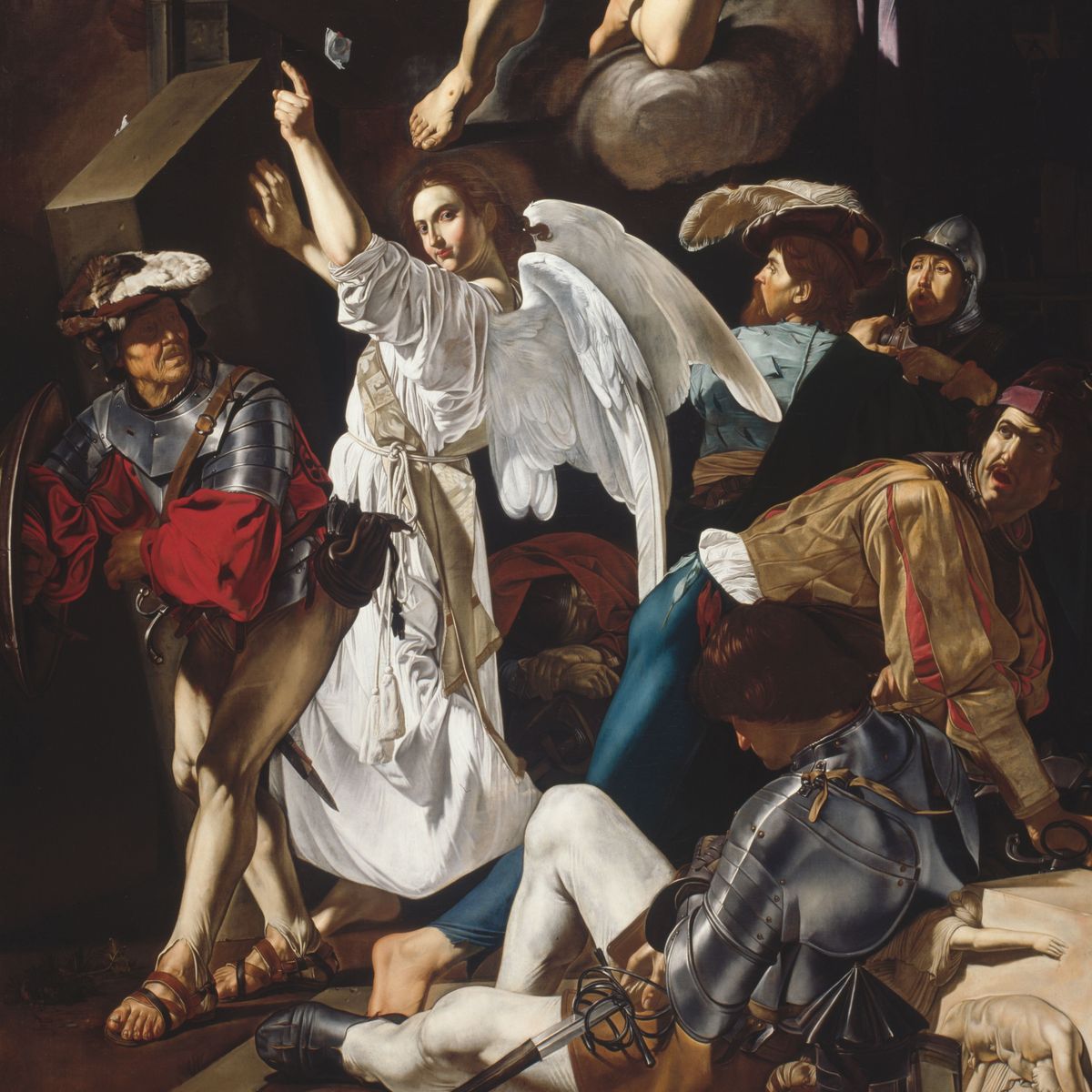 Depicts an angel (in the form of a young, winged man) pointing upward, wearing white. A group of Renaissance-era soldiers are in various chaotic poses, with one sleeping.
