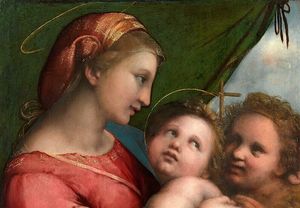 Detail of Rafael's Madonna della Tenda (c. 1513-14), displaying Mary the mother of Jesus holding the infant Jesus, who is being admired by a young John the Baptist.
