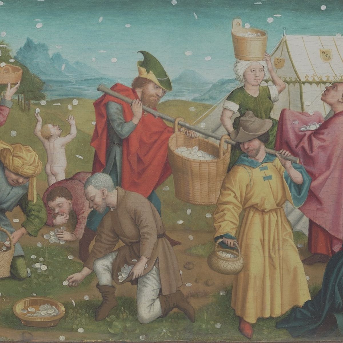 The Israelites (in 15th century garb) eat manna and gather it into baskets.