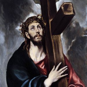 Jesus, crowned with thorns, looks upward as he carries the cross, with dark clouds in the background.
