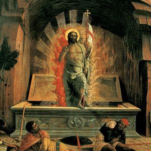 Detail of a painting of the resurrection of Jesus in which Jesus steps out of a stone sarcophagus while soldiers lie on the ground.