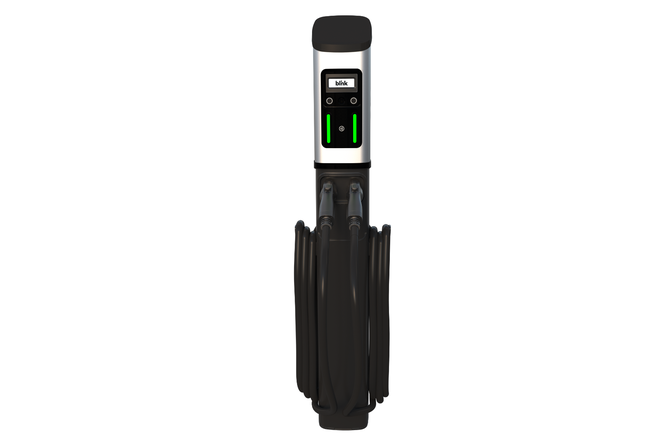 A sleek electric vehicle charging station with a digital display, two charging connectors, and coiled cables.
