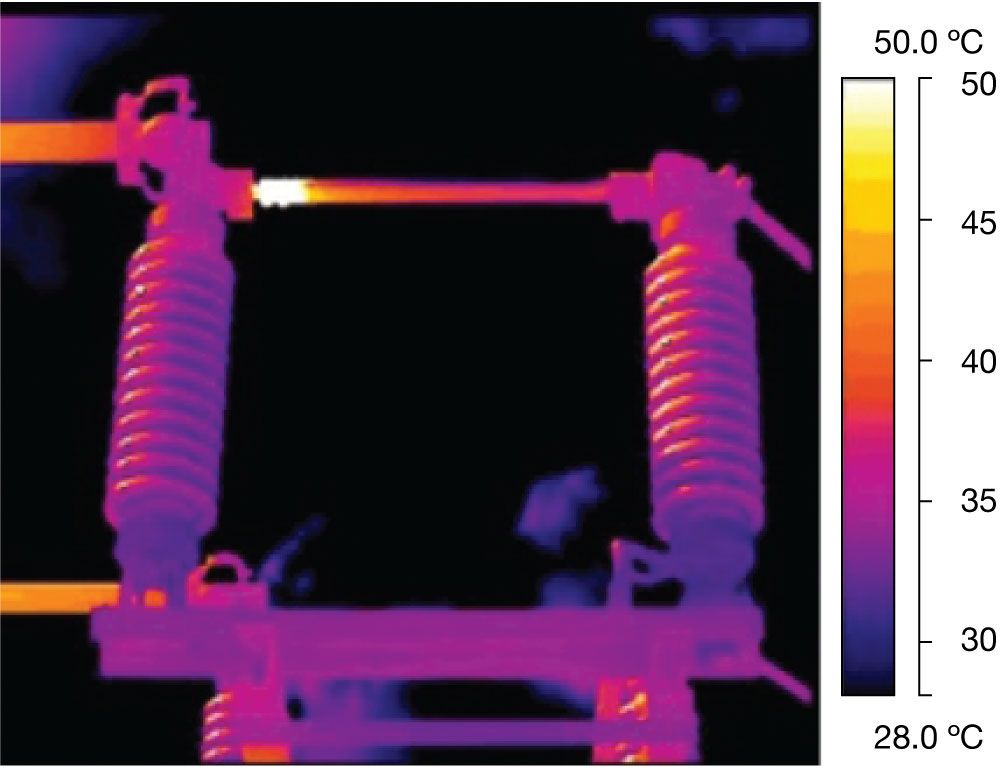 Figure 1. Infrared thermogram of a bus isolator connection; a bright yellow-white hot spot at the upper-left connection against a cool purple background indicates a high-resistance fault (temperature scale 28–50 °C).