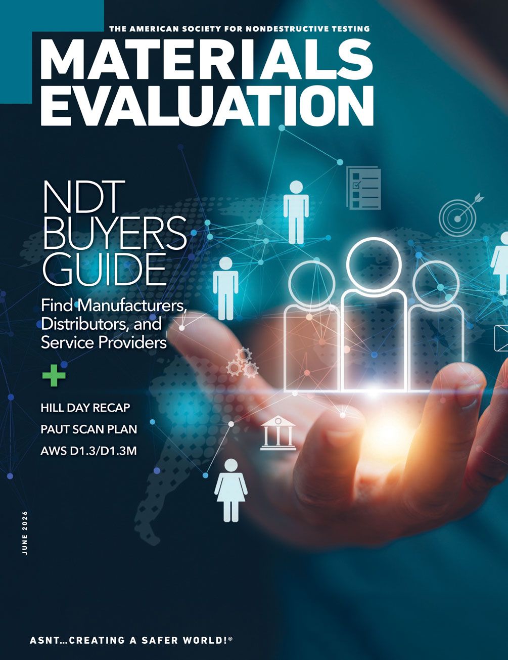 Cover of "Materials Evaluation" magazine featuring NDT Buyers Guide, digital hand, and network graphics, June 2026.