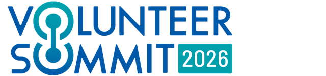 Logo for Volunteer Summit 2026 with blue text and a stylized connected icon between "O" and "U."