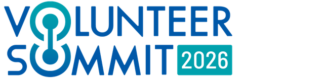 Logo for Volunteer Summit 2026 with blue text and a stylized connected icon between "O" and "U."