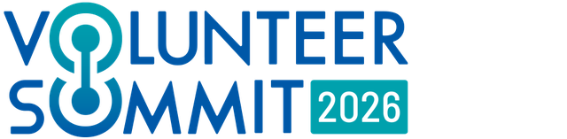 Logo for Volunteer Summit 2026 with blue text and a stylized connected icon between "O" and "U."