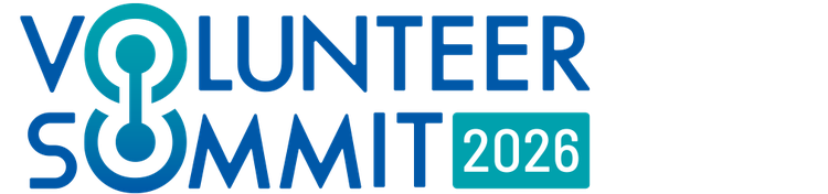 Logo for Volunteer Summit 2026 with blue text and a stylized connected icon between "O" and "U."