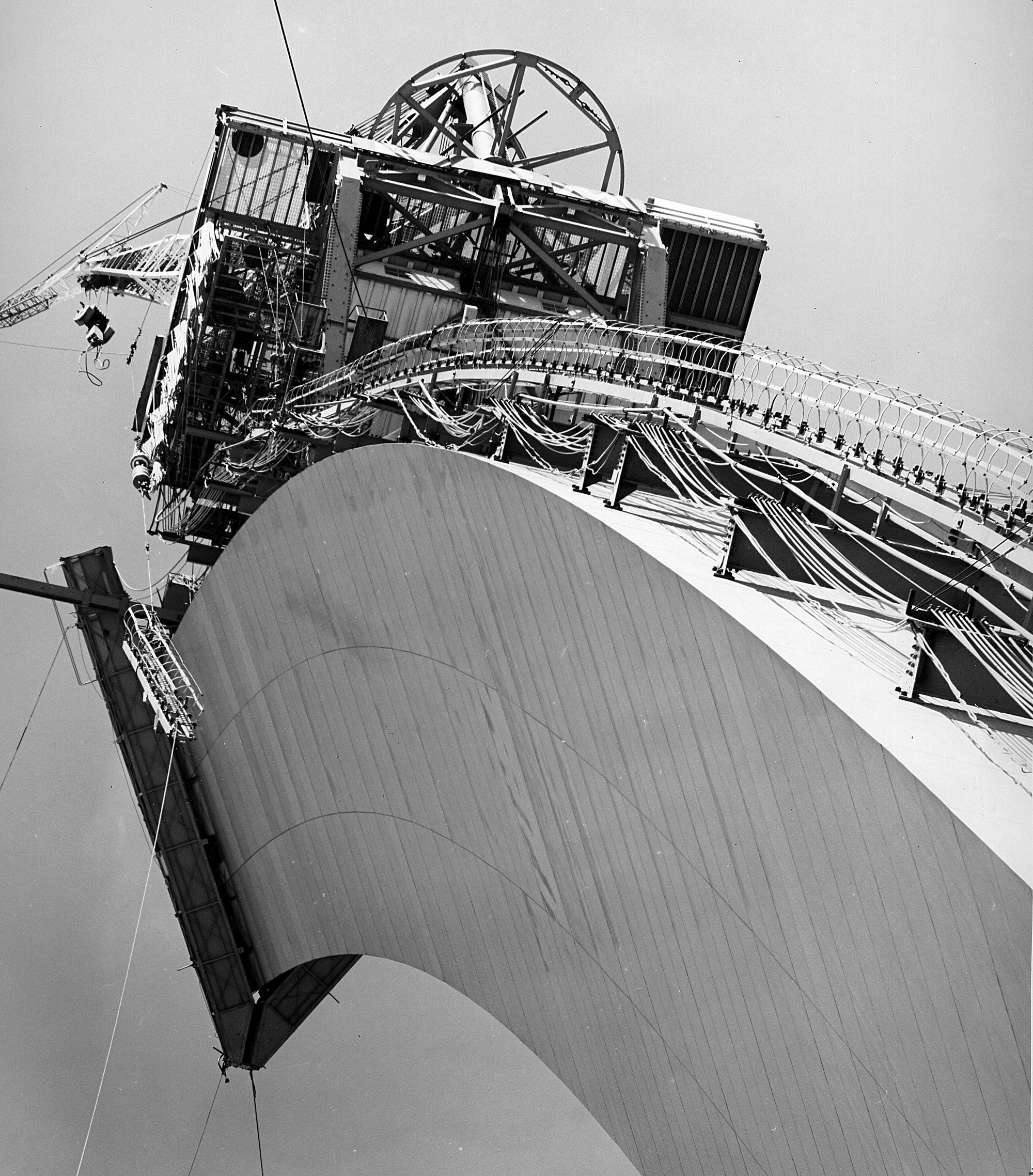 Nondestructive testing, radiography in particular, was used extensively during construction of the Gateway Arch in St. Louis, Missouri. A two-man radiography team worked after hours, one inside the hollow stainless steel structure and one outside, communicating by rapping signals on the metal as they inspected the welds that would hold the iconic 630 ft (192 m) monument together.