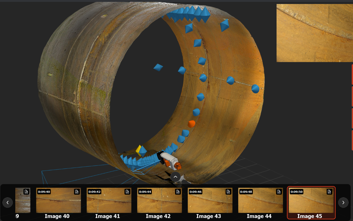 3D model of a large cylindrical pipe with blue markers and a small device inside. A series of timestamped images is displayed below.