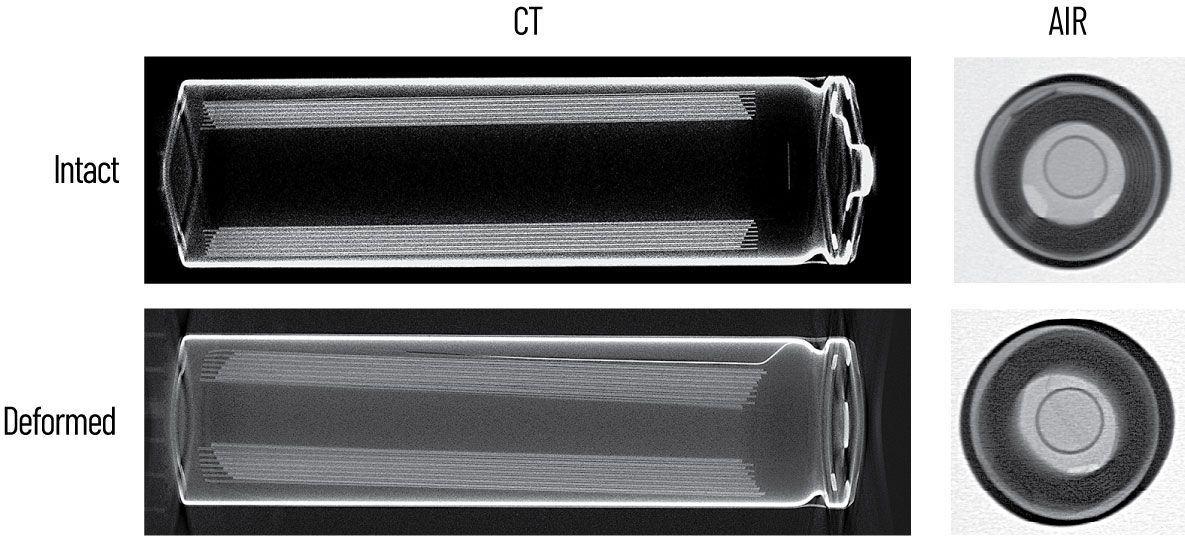 Comparison of CT and AIR radiography of intact and deformed 18650 lithium-ion cells