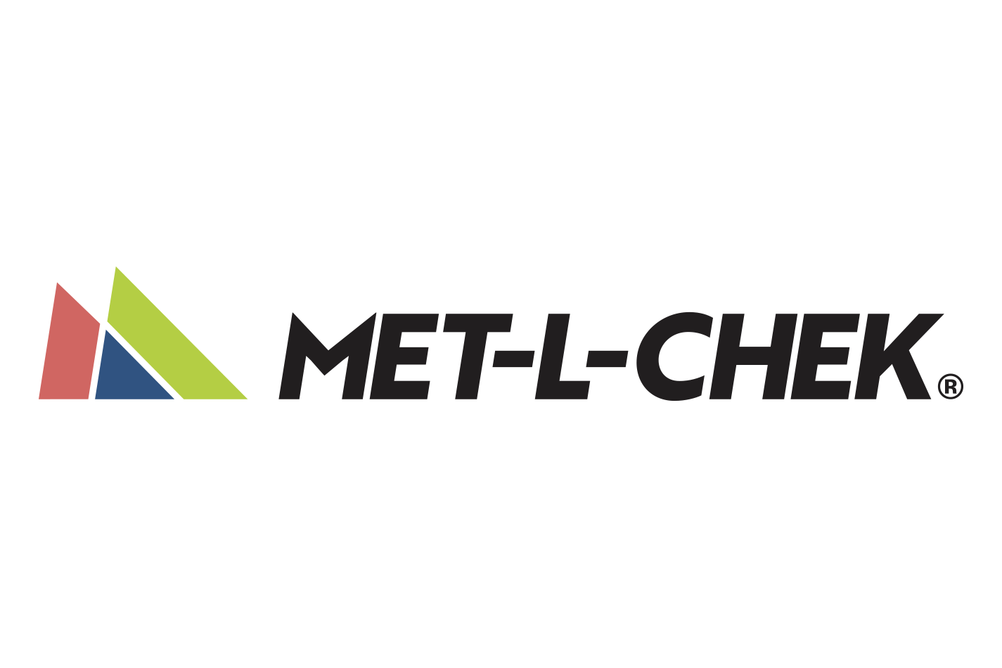 Logo with three colored triangles (red, blue, green) next to the text "MET-L-CHEK" in bold black font.