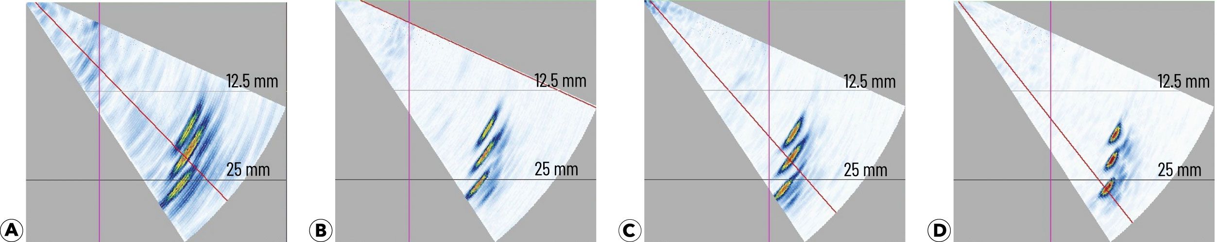 Four phased array images showing how probe aperture and frequency affect beam spot size and discontinuity definition.