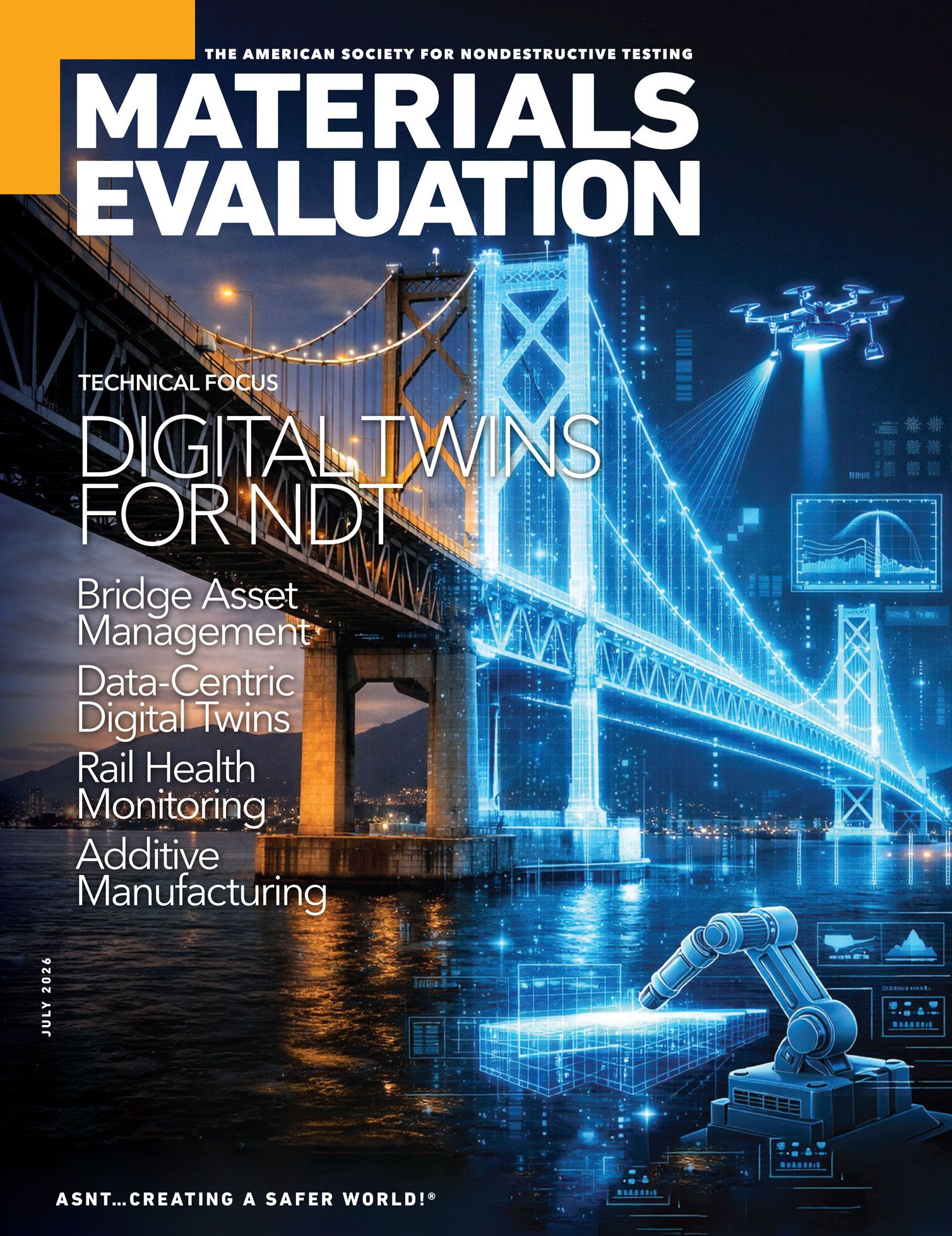 Magazine cover featuring a digitalized bridge and drone, emphasizing "Digital Twins for NDT" and topics like rail monitoring and additive manufacturing.
