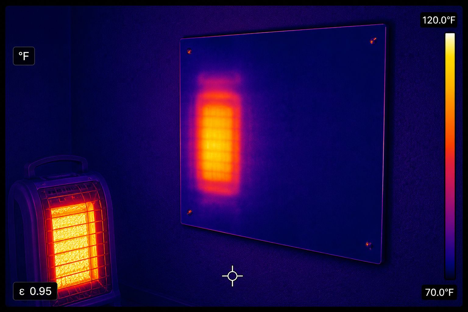 Thermal image showing a portable heater and its heat reflection on a wall, with a temperature scale indicating up to 120°F.