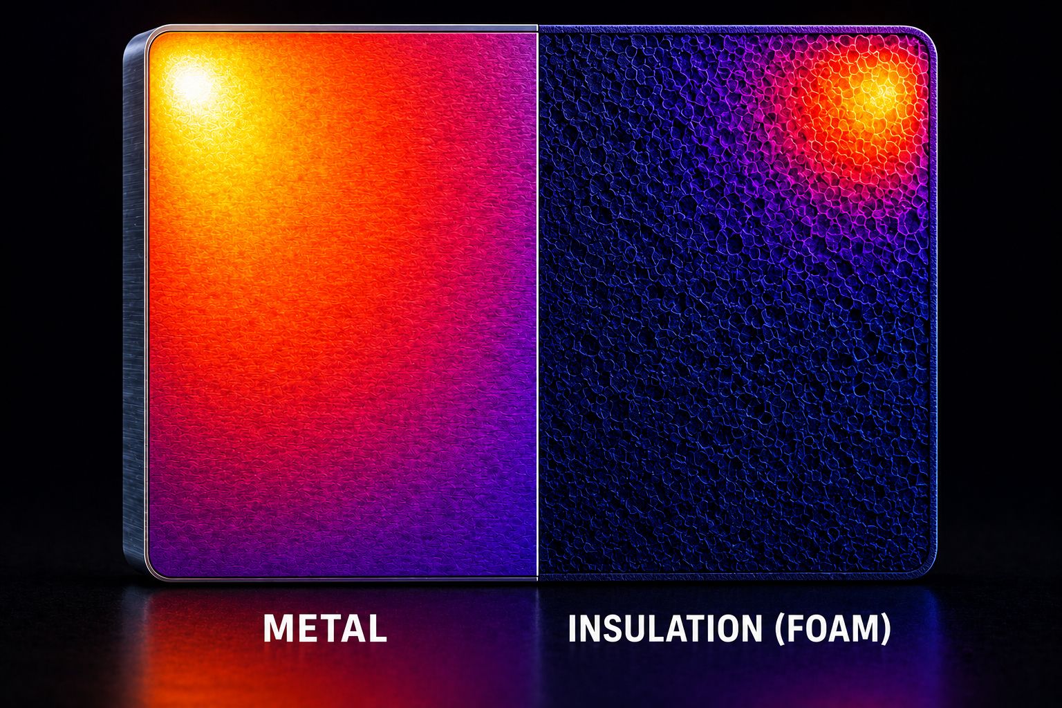 Close-up of a thermal image showing heat distribution: hot on metal side; cool on insulation (foam) side. Labels "METAL" and "INSULATION (FOAM)" below.
