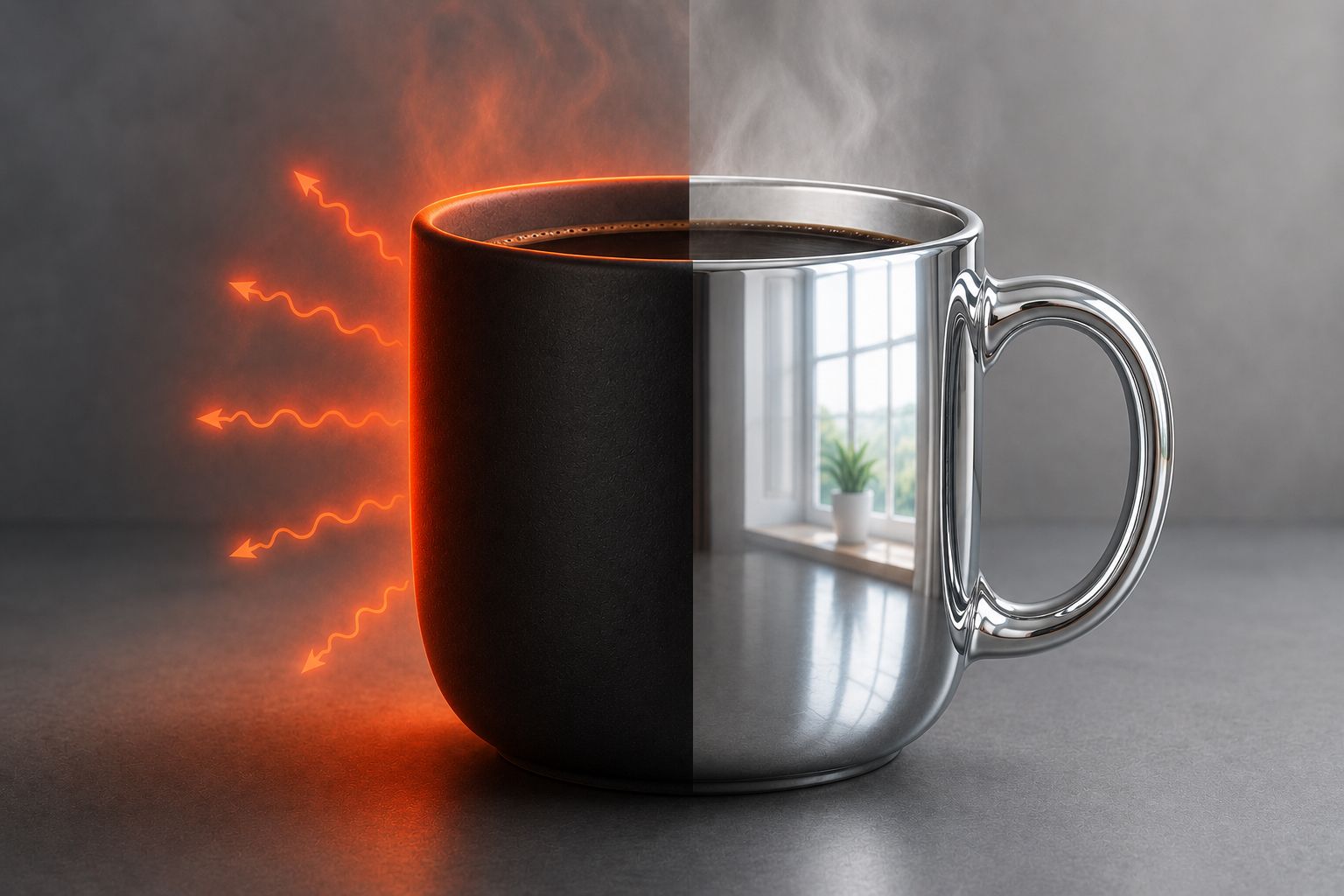 Half metallic, half ceramic mug with steam. Red heat lines from ceramic side, window reflection on metallic side.