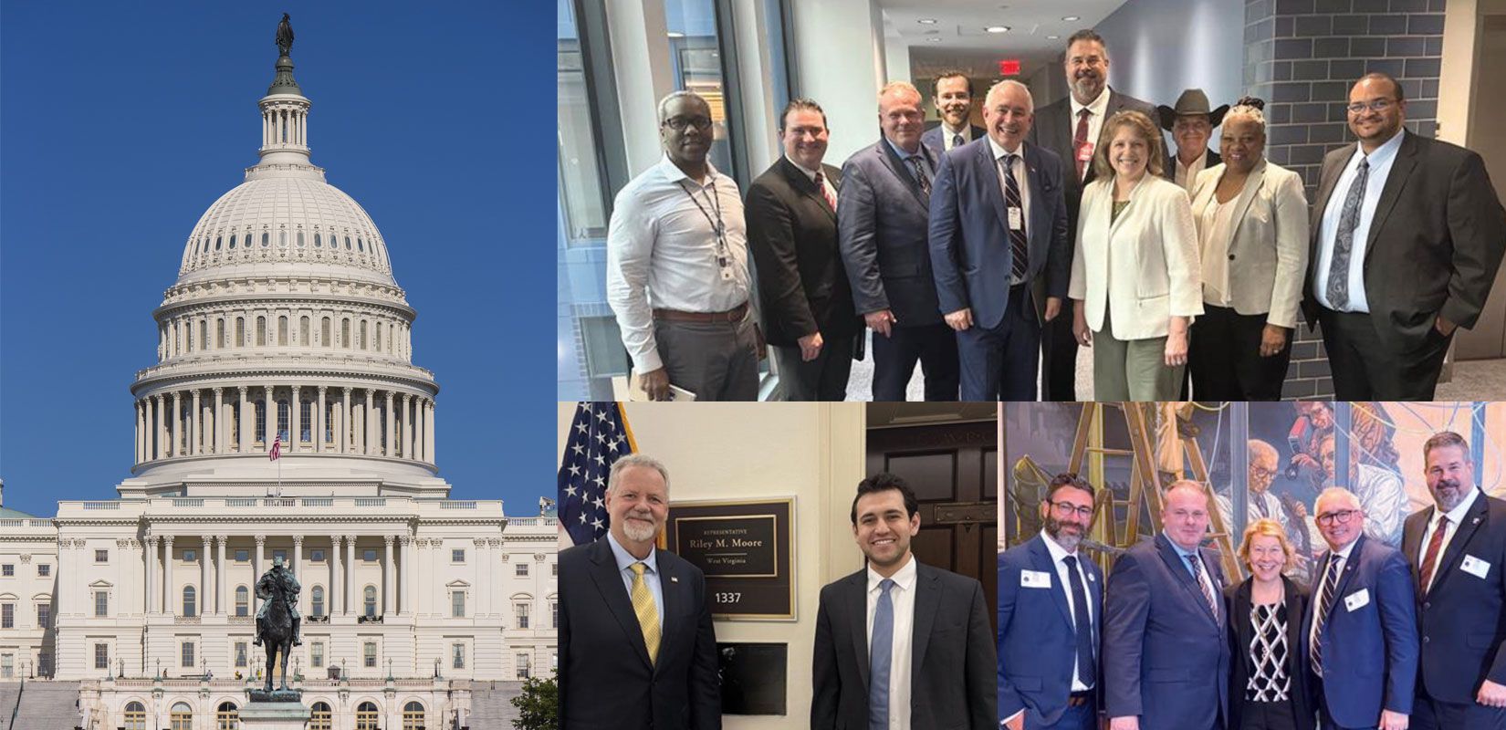 Collage of the U.S. Capitol building and three groups of professionally dressed people posing together indoors.