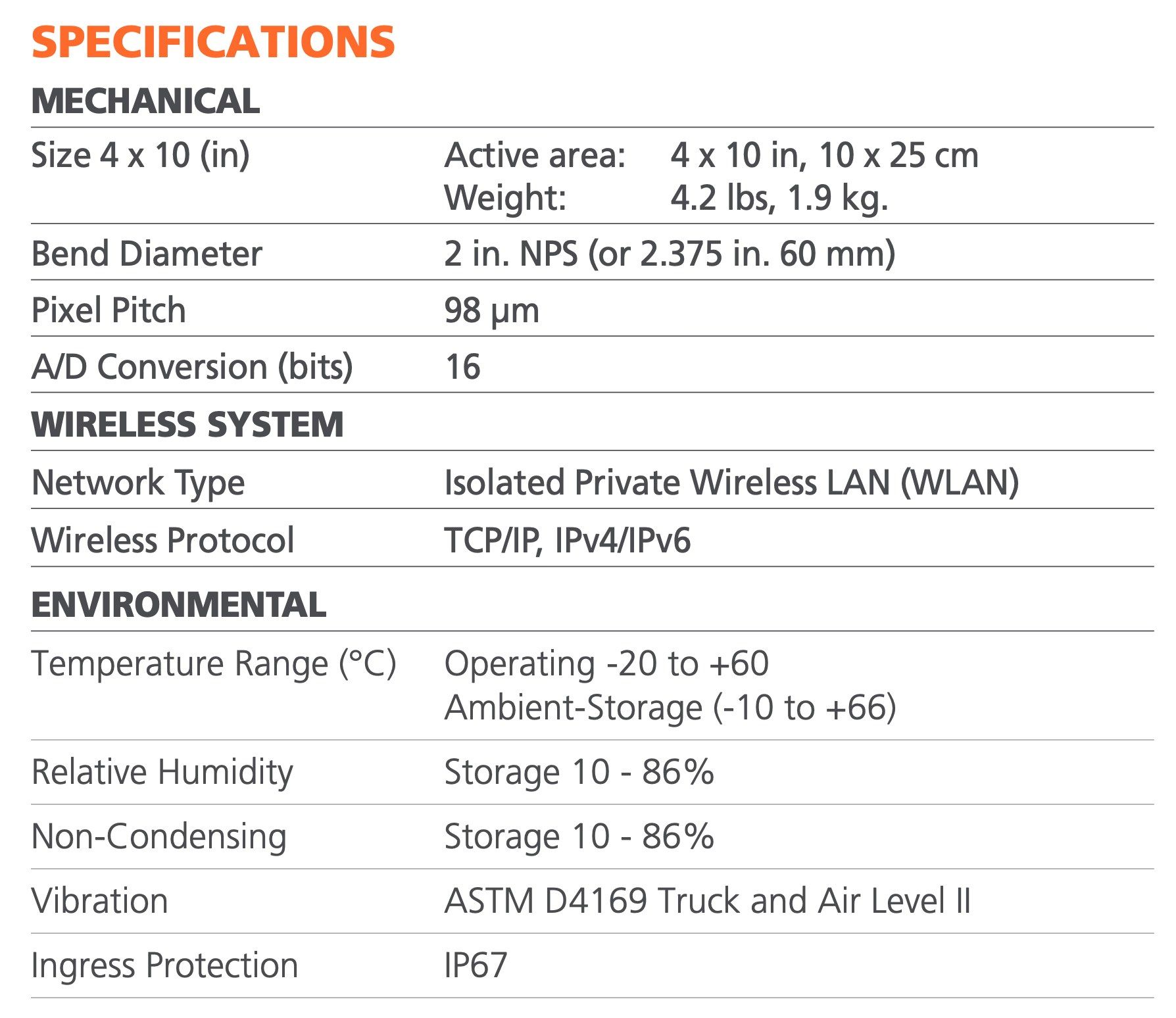 Specifications table for the HPX-ARC 1025 flexible detector: mechanical, wireless system, and environmental ratings