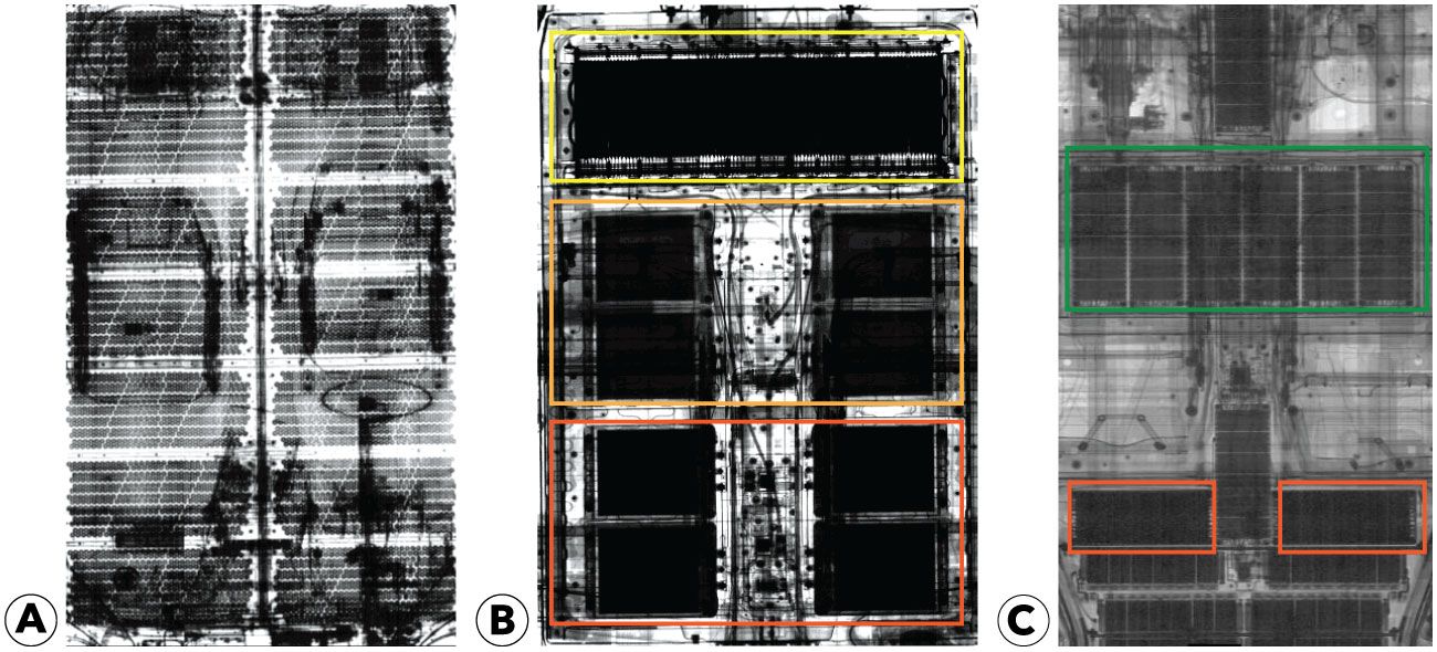 AIR images of three different traction battery architectures: Tesla Model S, Nissan Leaf, and Opel Corsa