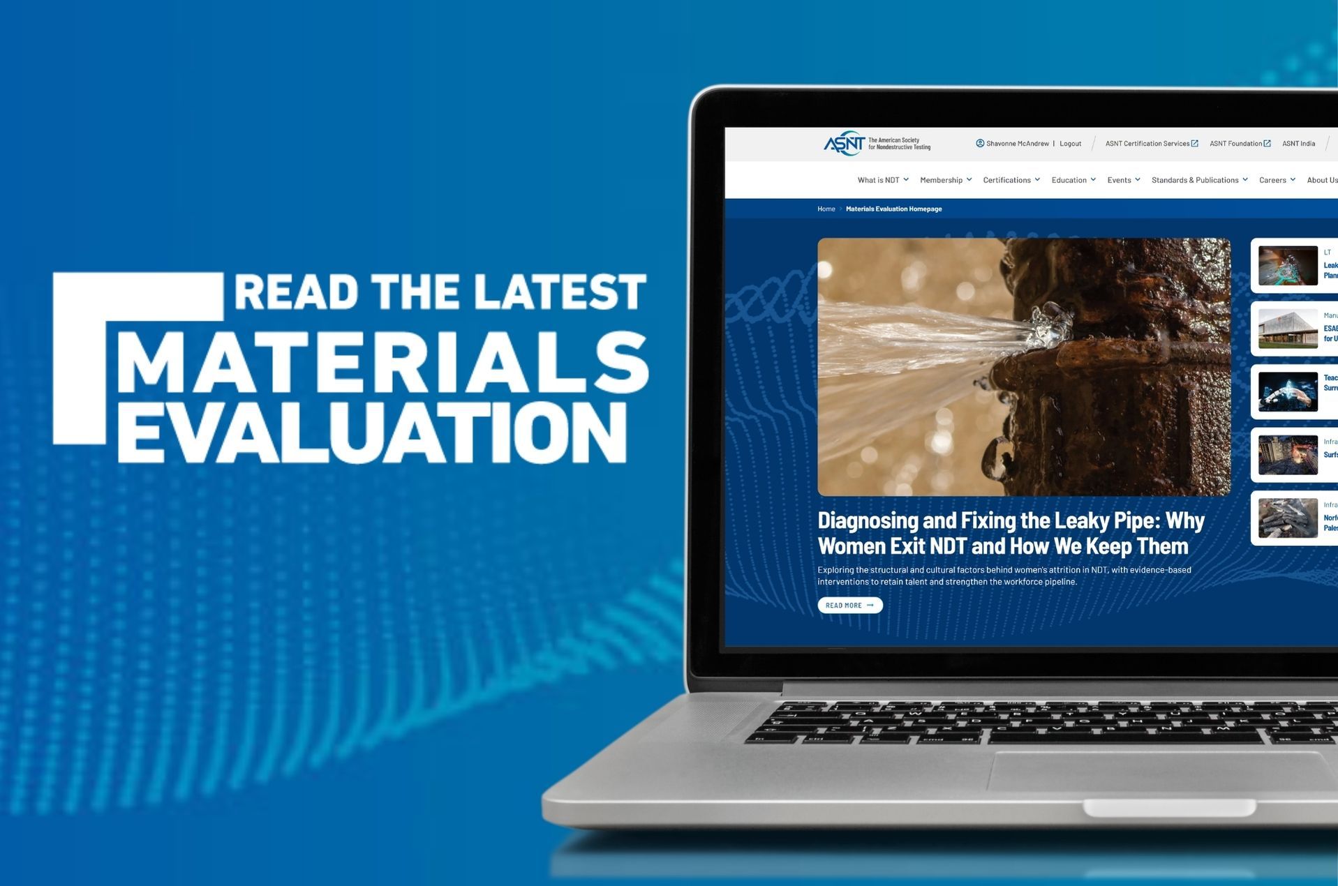 Laptop displaying a website about materials evaluation with a headline on diagnosing and fixing leaks. Blue background with wave patterns.